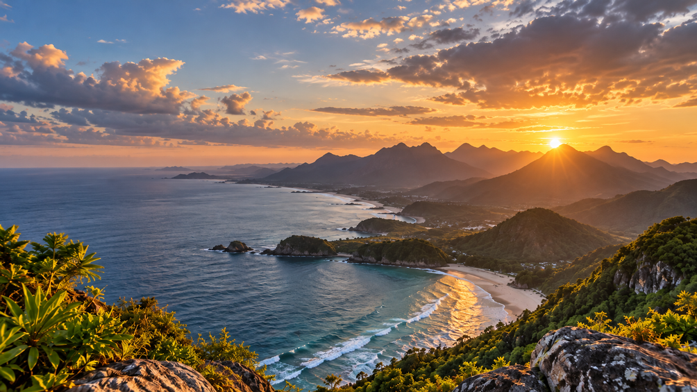 Blue water, a mountain coast, and a bright open sky
